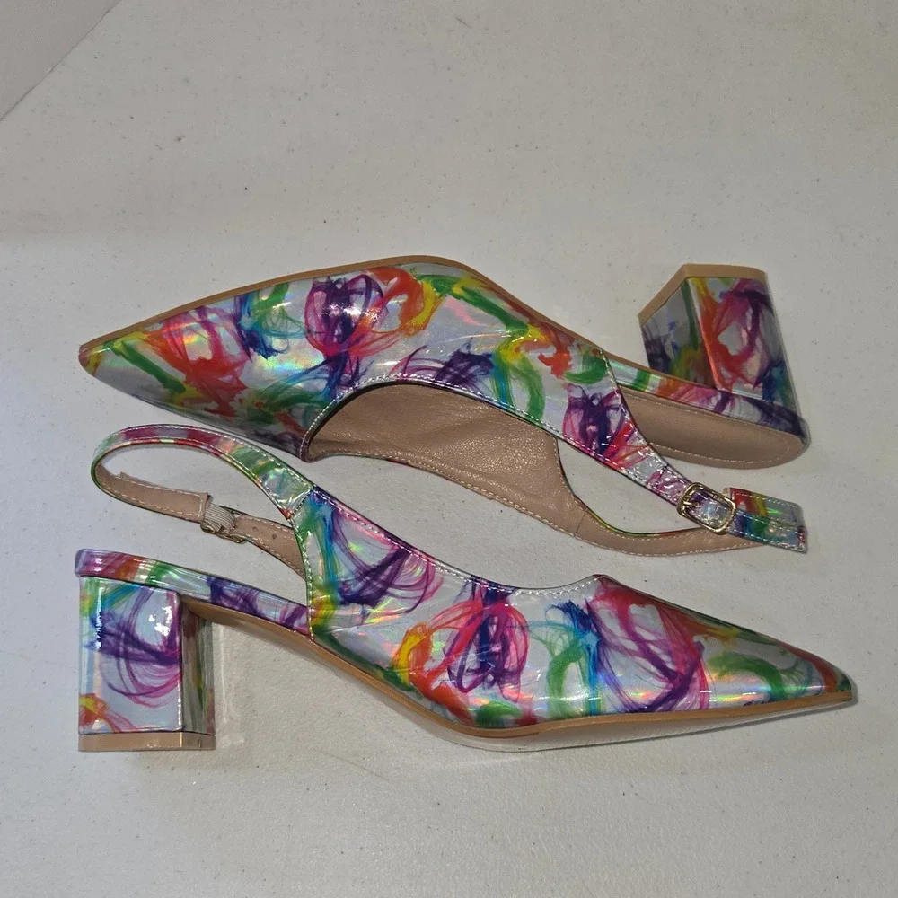 Multicolor Abstract Print Slingback Pumps Pointed Toe Block Heel Shoes Size 42
